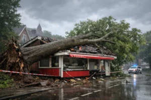 Storm veroorzaakt val van boom op voormalig snackbarpand in Wageningen
