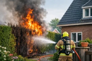 Brand in coniferenhaag bij woning in Ederveen