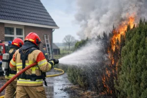 Brandweer blust coniferenhaag in brand bij woning in Ederveen